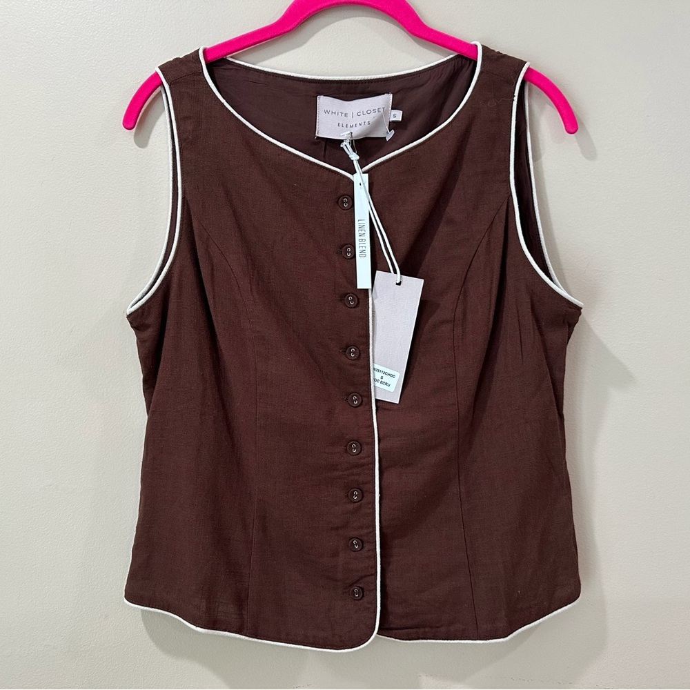 White Closet Elements Women's Small Brown Linen Blend Vest Waistcoat Top New